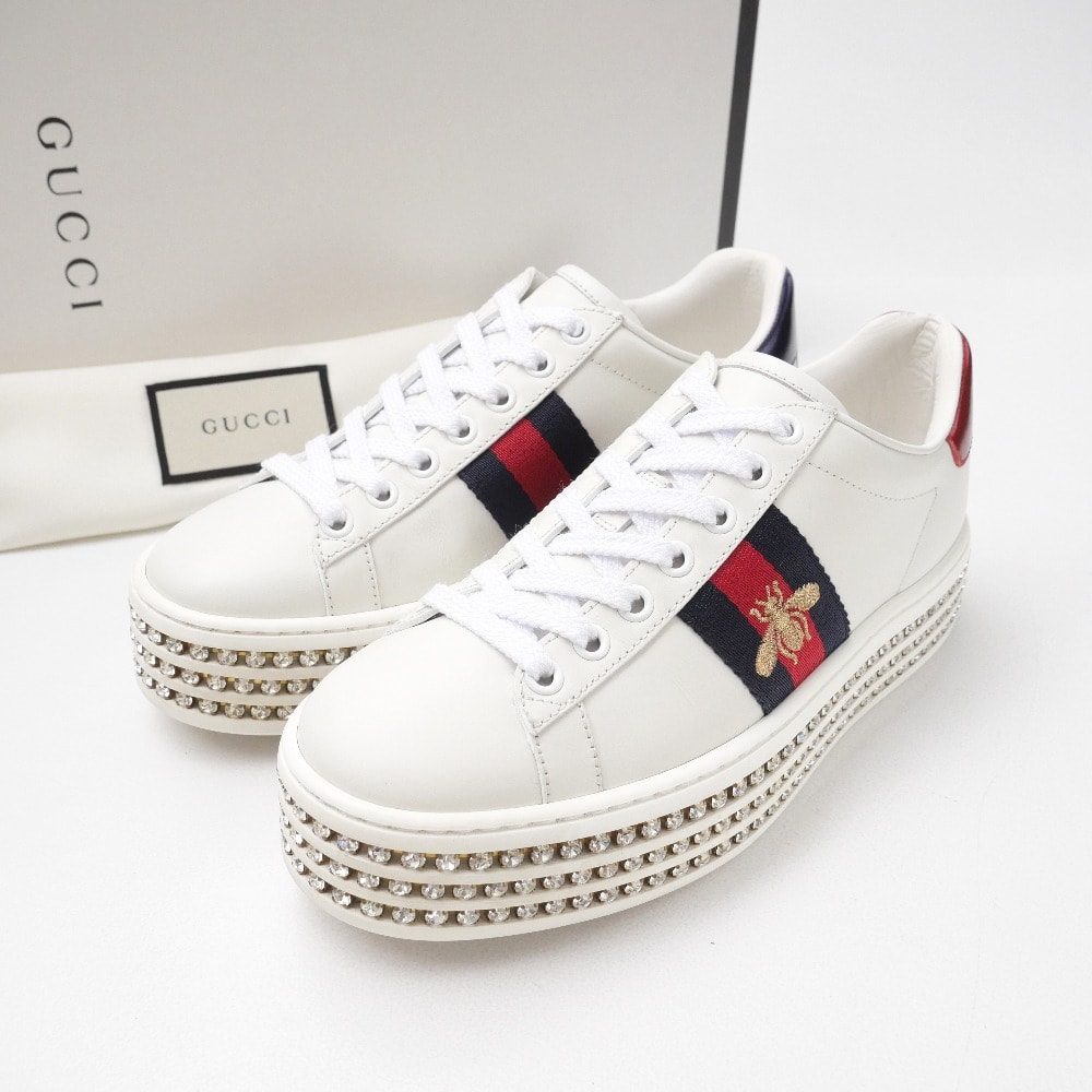 ■美品■GUCCI グッチ エース スニーカー サイズ35 ウェブライン シェリーライン ビー ビジュー レザー 靴 ブランド古着【中古】20251105/RA6335