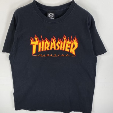 古着 スラッシャー THRASHER 半袖Tシャツ ラバープリント ブランドロゴ ファイヤーパターン L ブラック メンズ