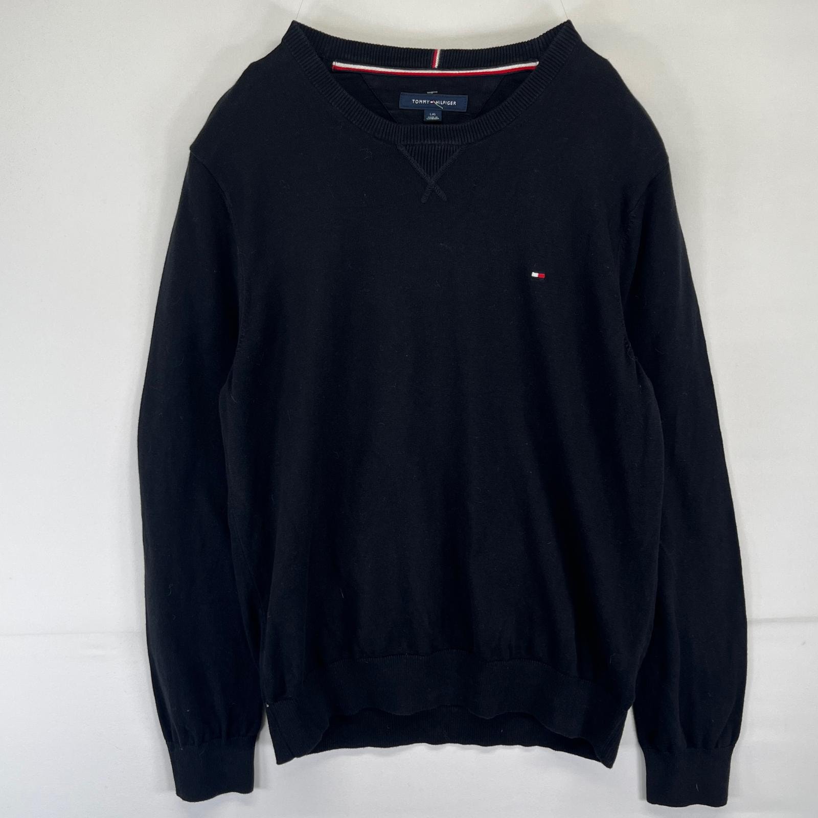 古着 トミーヒルフィガー TOMMY HILFIGER ニット セーター トレーナー クルーネック ワンポイントロゴ刺繍 L ブラック メンズ