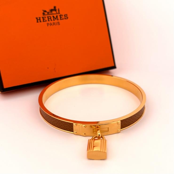 エルメス HERMES ケリー バングル ゴールド ブラウン レザー GP メッキ 【鑑定済み】正規品
