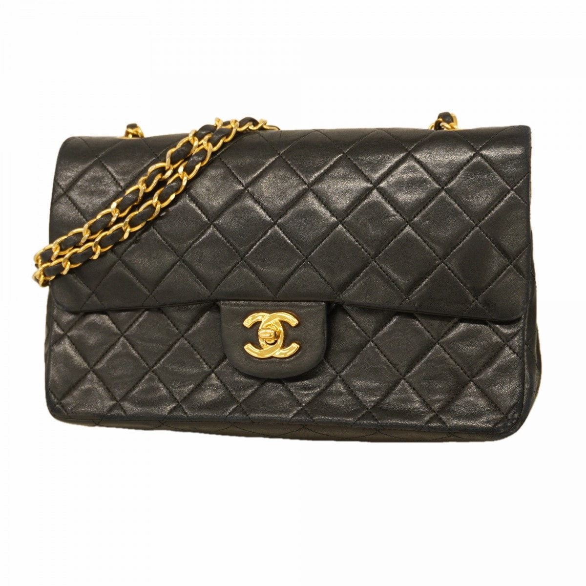 【6cd5129-k】シャネル ショルダーバッグ マトラッセ Wフラップ Wチェーン ラムスキン ブラック ゴールド金具【中古】レディース