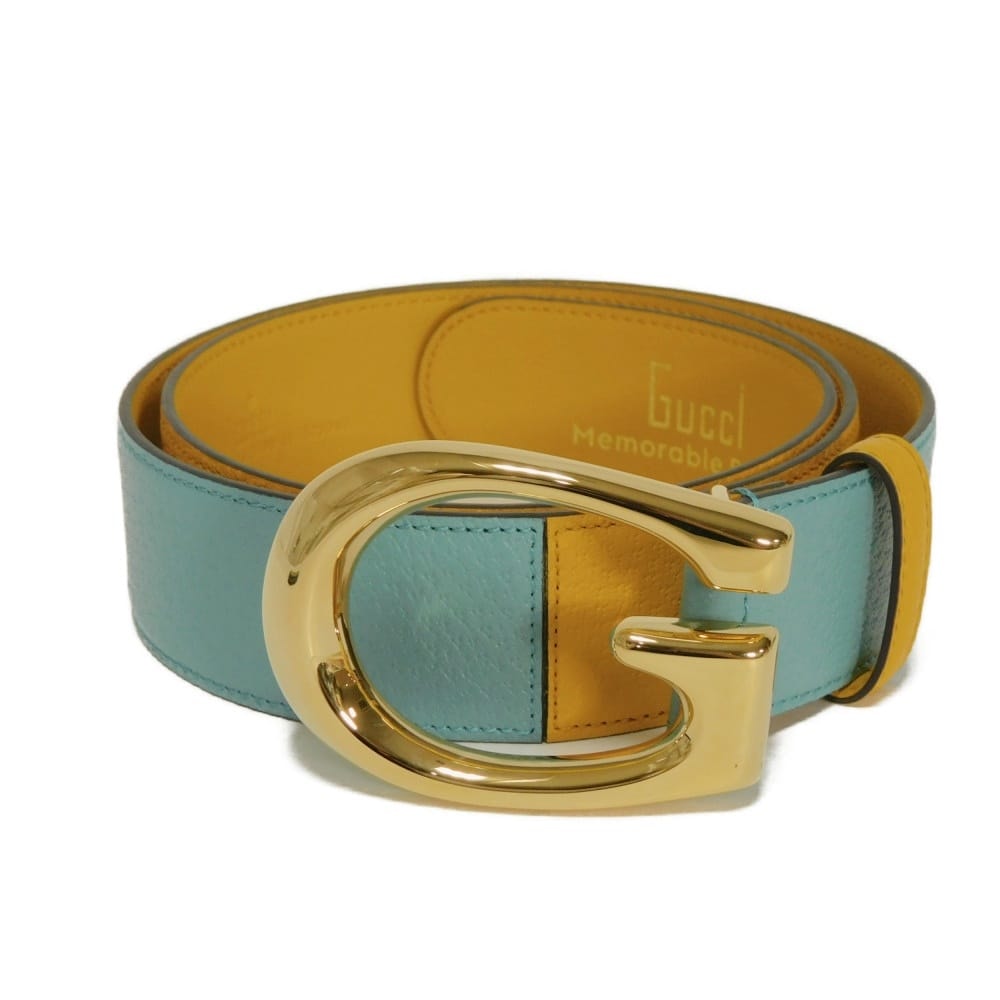 GUCCI グッチ Gロゴ エンブレム ワイドレザー 40MM 90/36 イエロー バイカラー ゴールド 未使用 メモラブル バックル ライトブルー ベルト 709954