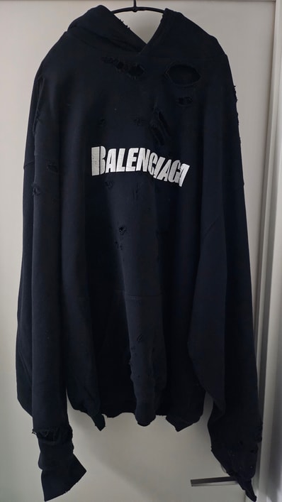 BALENCIAGA MENS Caps Destroyed Hoodie "Black/White"