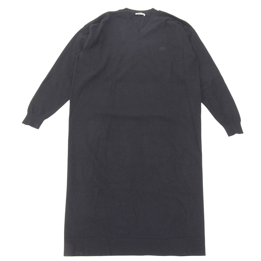 バレンシアガ ウール BBロゴ刺しゅう Vネック ニットワンピース レディース ブラック S 599890 19年 S