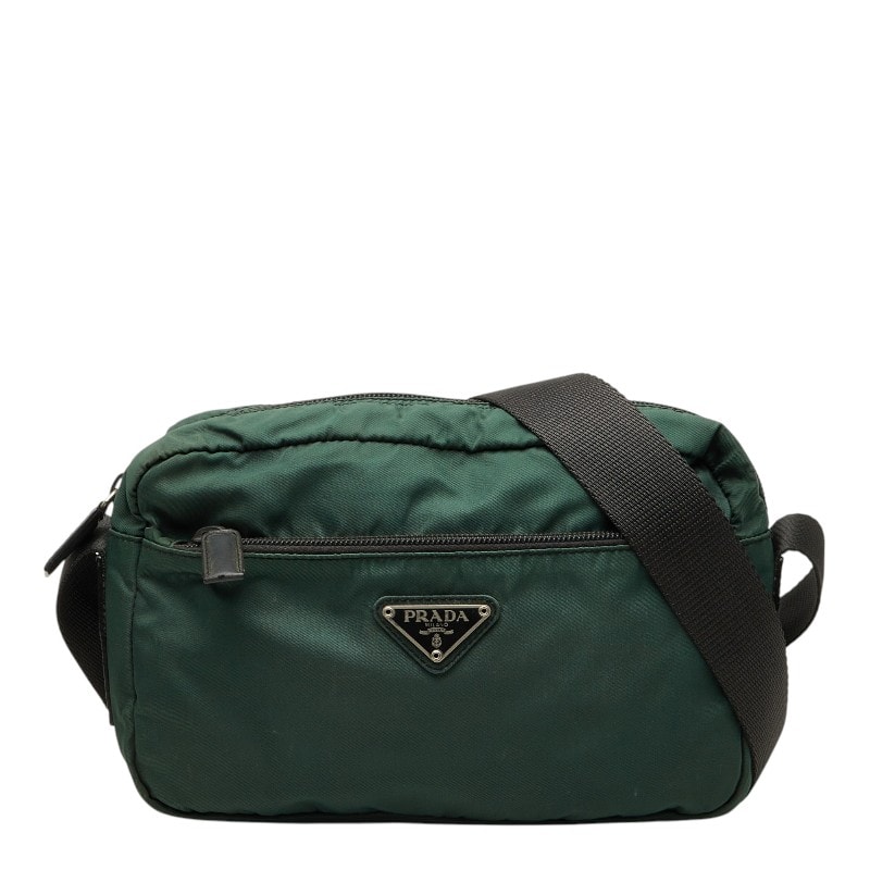プラダ 三角ロゴプレート ショルダーバッグ グリーン ブラック グレー ナイロン レディース PRADA 【中古】
