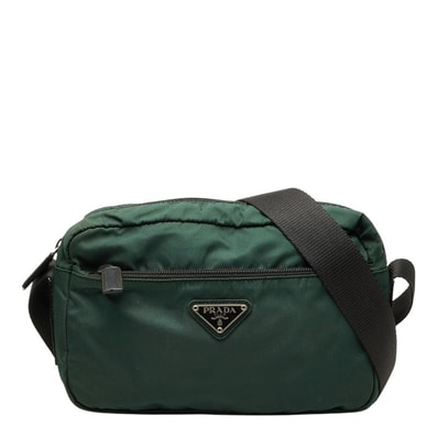 プラダ 三角ロゴプレート ショルダーバッグ グリーン ブラック グレー ナイロン レディース PRADA 【中古】