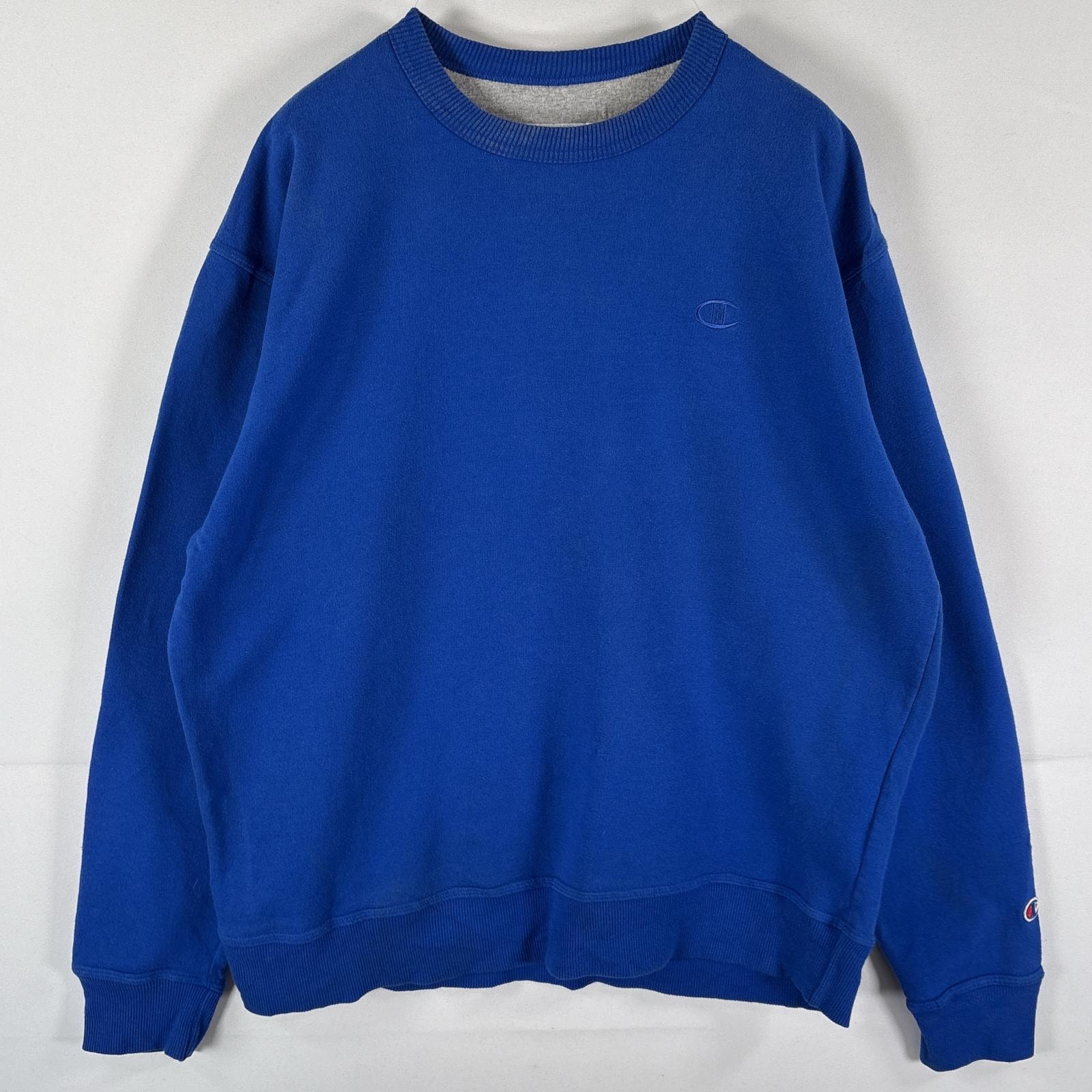 古着 チャンピオン Champion スウェット トレーナー クルーネック ワンポイントロゴ 無地 ワッペン L  ブルー メンズ
