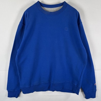 古着 チャンピオン Champion スウェット トレーナー クルーネック ワンポイントロゴ 無地 ワッペン L ブルー メンズ