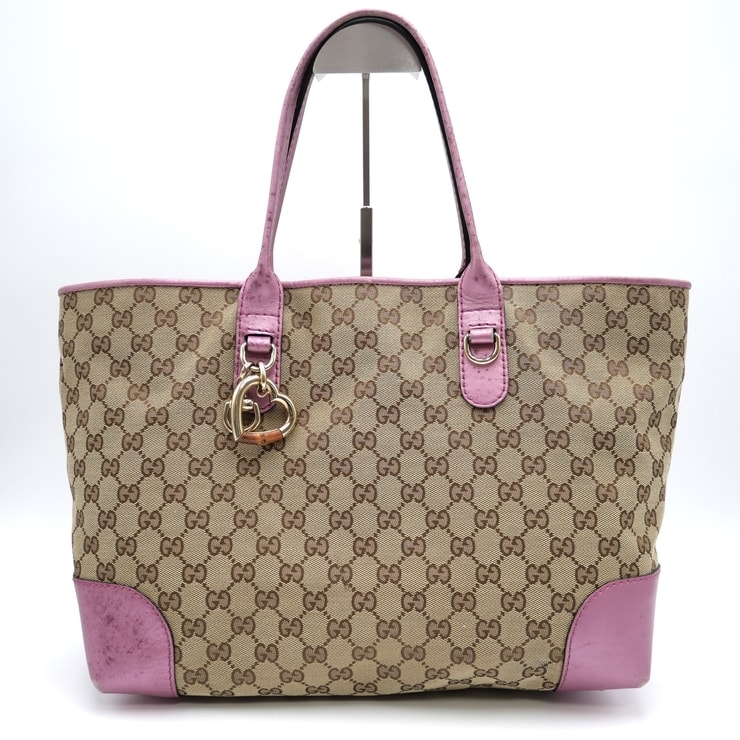 GUCCI(グッチ) GGキャンバス ハートビット ヴィンテージ トートバッグ ショルダーバッグ ベージュ ピンク レザー ハートチャーム バンブー ゴールド金具 肩掛け レディース 269956 【中古】