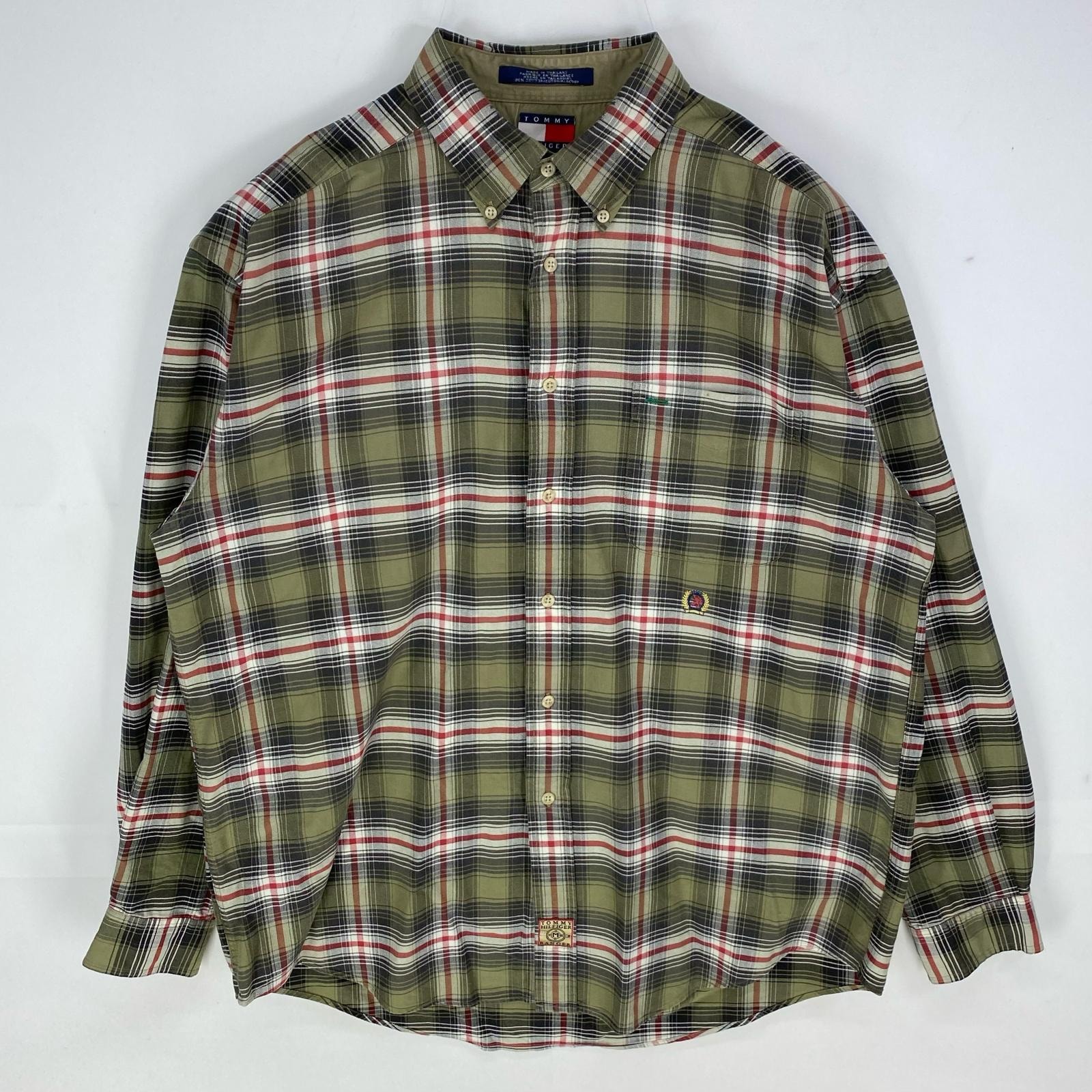 古着 90's/90年代 トミーヒルフィガー TOMMY HILFIGER 長袖シャツ ボタンダウン ワンポイント L  グリーン系 チェック メンズ