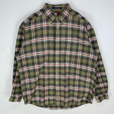 古着 90's/90年代 トミーヒルフィガー TOMMY HILFIGER 長袖シャツ ボタンダウン ワンポイント L グリーン系 チェック メンズ