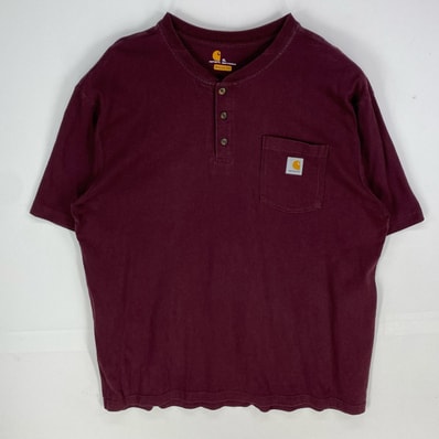 古着 カーハート Carhartt 半袖Tシャツ 胸ポケット ワンポイント ロゴ ヘンリーネック XL バーガンディー メンズ