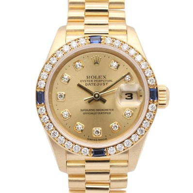 ロレックス ROLEX デイトジャスト 10Pダイヤ/ベゼルダイヤ/4Pサファイヤ E番 腕時計 時計 K18(イエローゴールド) ダイヤモンド サファイア レディース ゴールド系 シャンパン/新ダイヤ 69088G 【中古】
