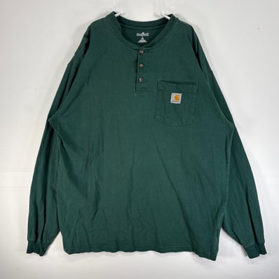 古着 カーハート Carhartt 長袖Tシャツ ヘンリーネック 肉厚 フェード ワンポイント ロゴ L グリーン 無地 メンズ