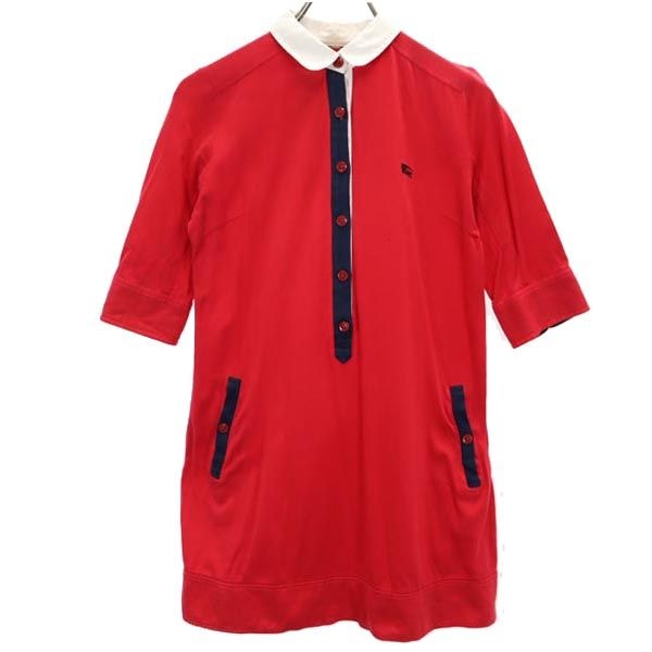 BURBERRY BLUE LABEL バーバリーブルーレーベル 三陽商会 ロゴ刺繍 5分袖 ワンピース 38 赤×紺