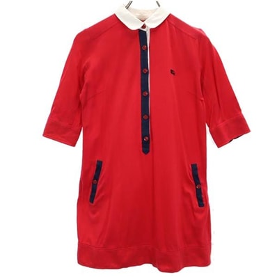 BURBERRY BLUE LABEL バーバリーブルーレーベル 三陽商会 ロゴ刺繍 5分袖 ワンピース 38 赤×紺