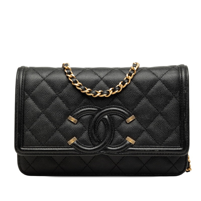 シャネル CCフィリグリー ココマーク チェーン ショルダーバッグ ウォレット ブラック キャビアスキン レディース CHANEL 中古