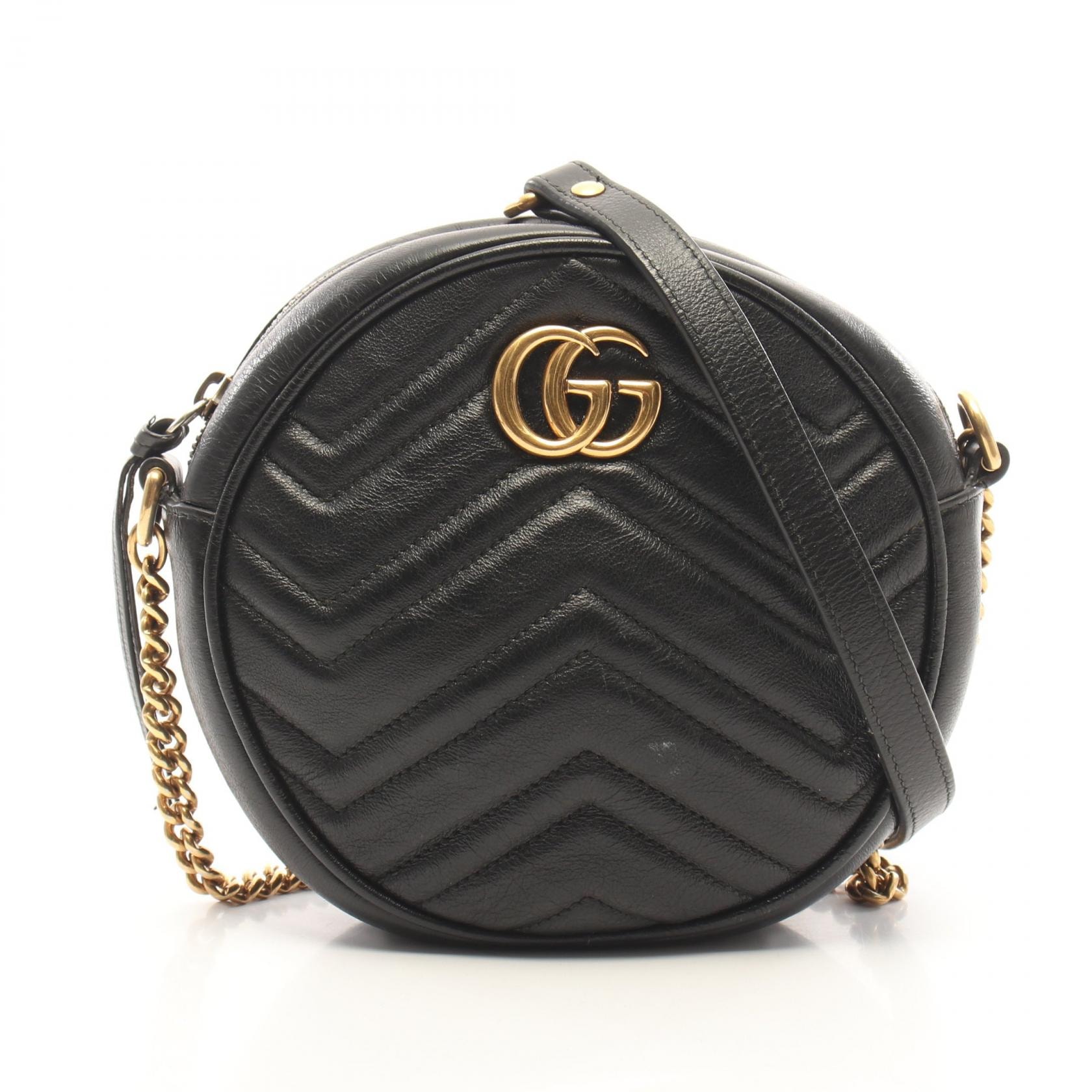 グッチ GUCCI GGマーモント ラウンド ミニ ショルダーバッグ バッグ レザー レディース ブラック系 550154 【中古】