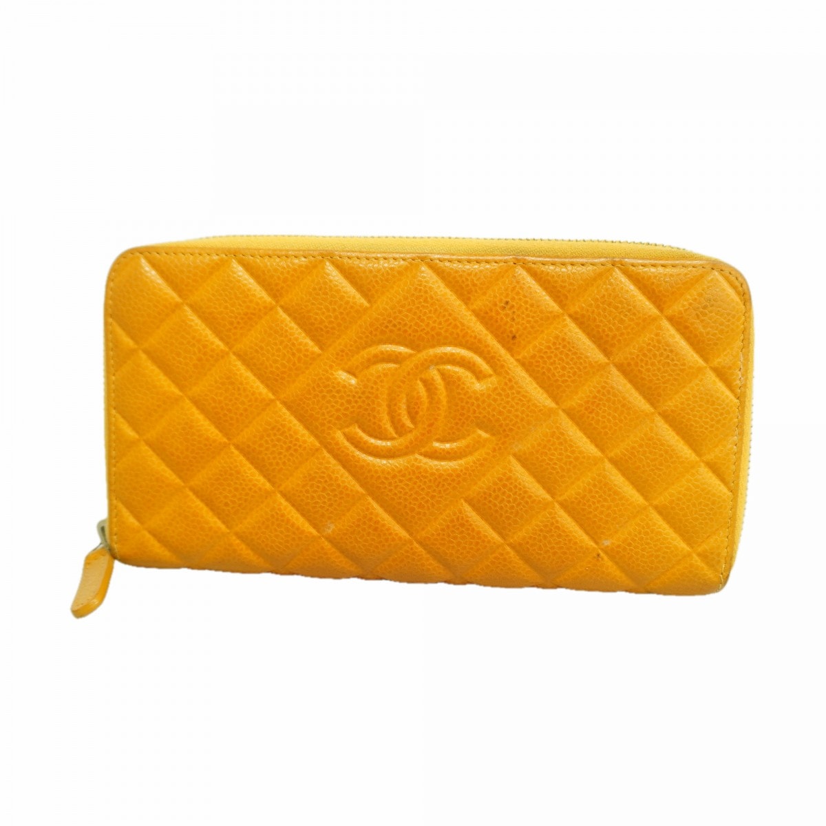 【6gd4933-k】シャネル 長財布 マトラッセ キャビアスキン オレンジ シルバー金具【中古】レディース