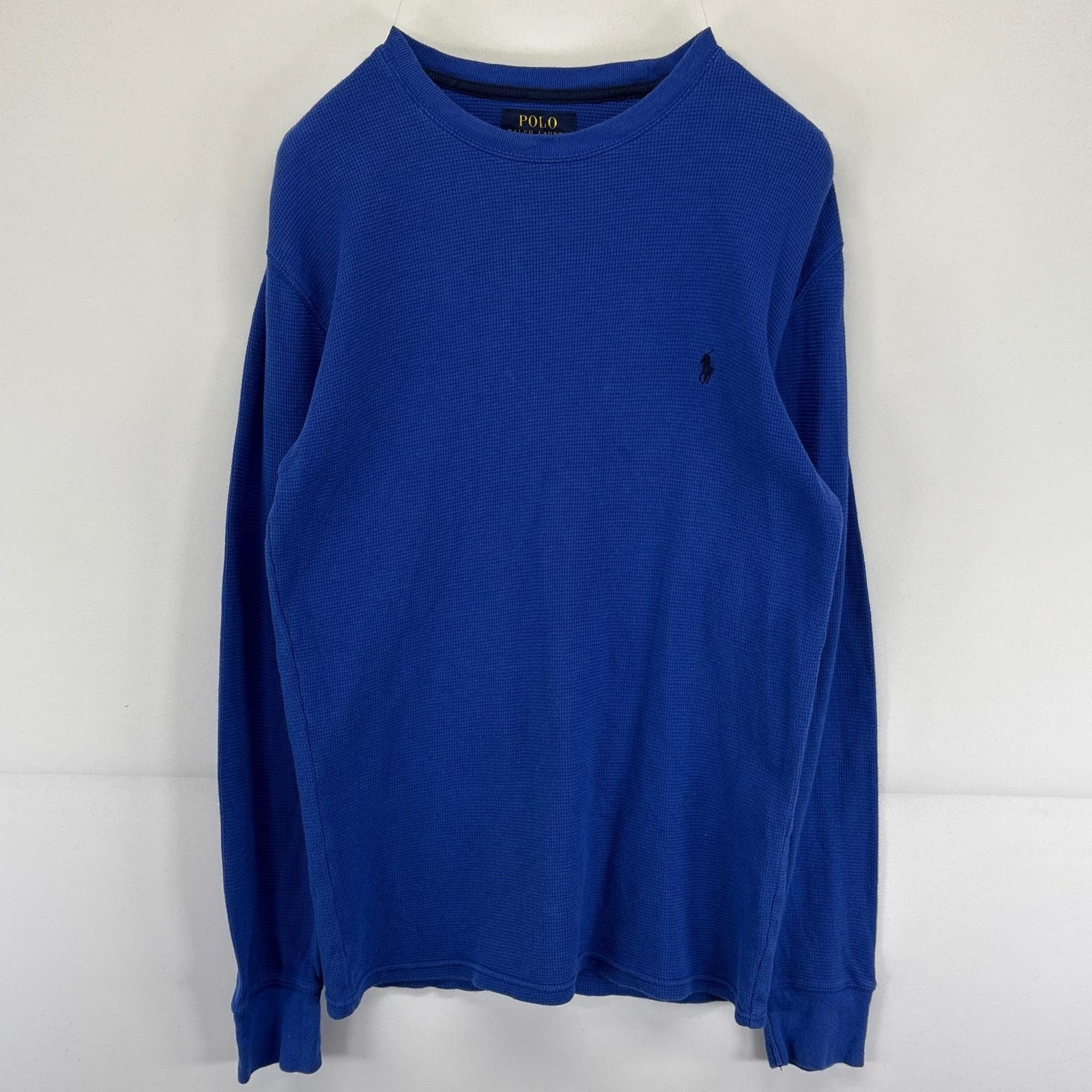 古着 ポロ・ラルフローレン POLO RALPH LAUREN 長袖Tシャツ クルーネック ワンポイントロゴ ワッフル生地 サーマル S  ブルー メンズ