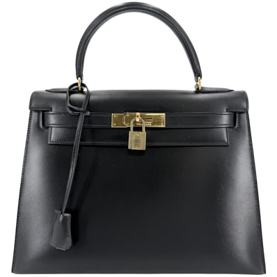 HERMES エルメス ハンドバッグ ケリー28 外縫い 〇H刻印 ボックスカーフ ブラック 黒 ゴールド金具 レディース 1978年【中古品】