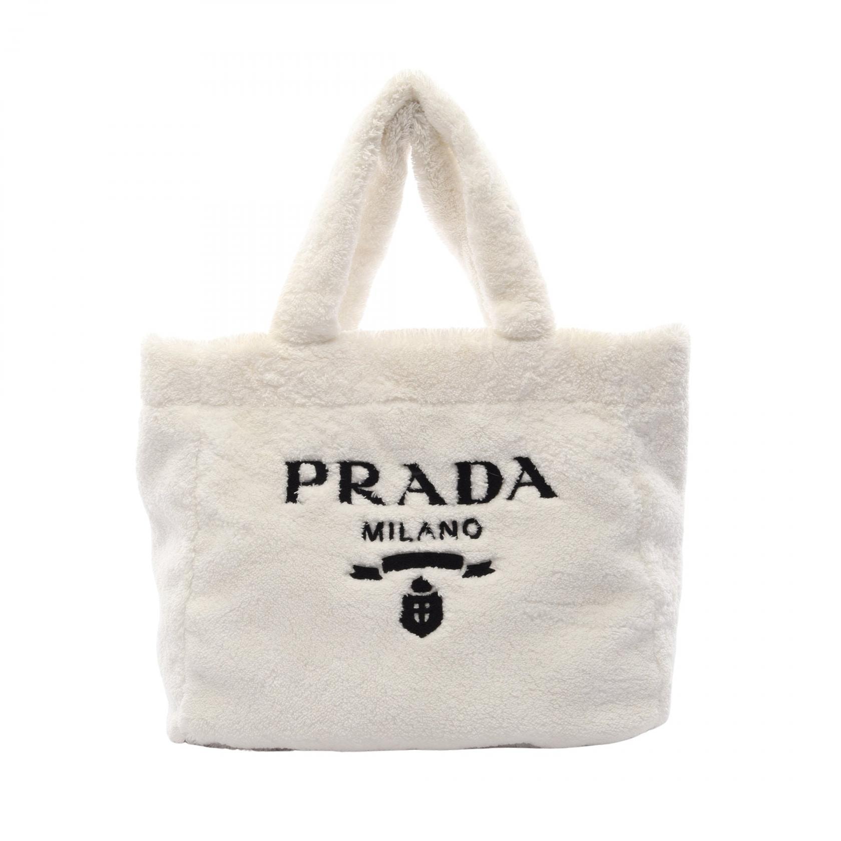 プラダ PRADA テリー レタリングロゴ トートバッグ バッグ パイル レディース ホワイト系 / ブラック系 【中古】