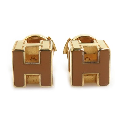 エルメス HERMES ピアス Hキューブ メタル/エナメル ゴールド/オレンジブラウン レディース【中古】 e61026i