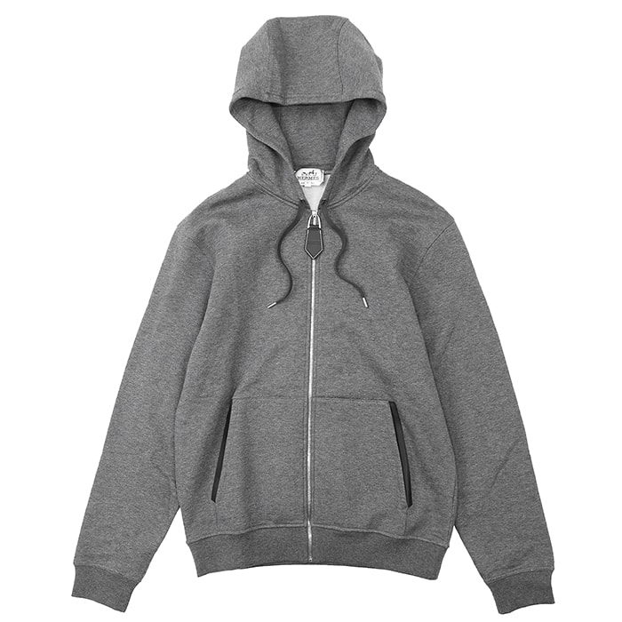 【未使用】HERMES エルメス スウェット パーカー コットン/カシミヤ サイズ M メンズ ジップアップ フーディー プルオーバー レザートリム ロングスリーブ トップス グレー 灰色 イタリア製