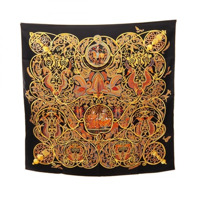 エルメス HERMES カレ90 La Charmante aux Animaux スカーフ 衣料品 シルク シルク レディース ブラック系 / マルチカラー 【中古】