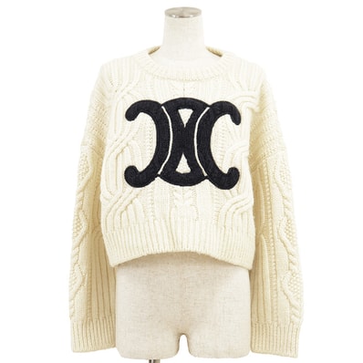 【極美品】CELINE セリーヌ ニット サイズ S レディース トリオンフ ロゴ ウール100% ローゲージ セーター 短丈 バイカラー トップス アイボリー ネイビー 紺 イタリア製