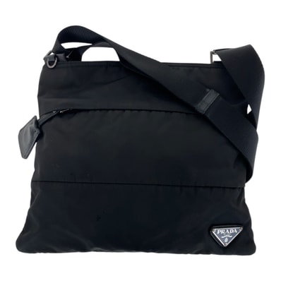 美品 PRADA プラダ テスート 三角ロゴプレート ブラック 黒 シルバー金具 ナイロン レザー/ ショルダーバッグ ポシェット 505935 【中古】