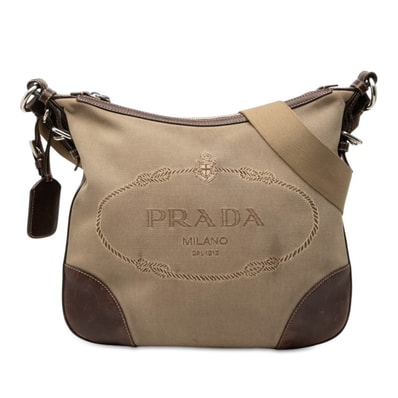 プラダ ロゴ 斜め掛け ショルダーバッグ ブラウン キャンバス レザー レディース PRADA 中古