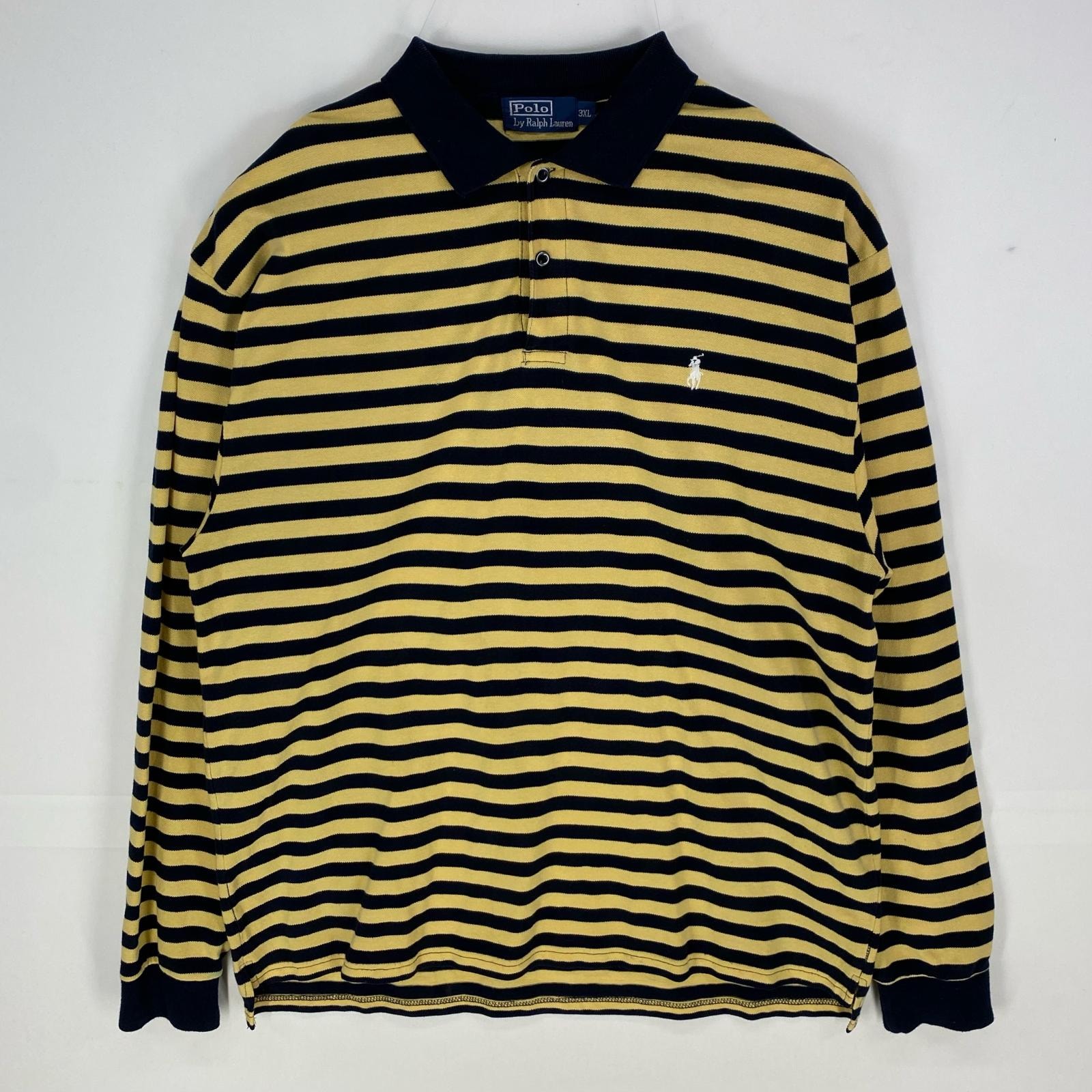 古着 ポロバイラルフローレン Polo by Ralph Lauren 長袖シャツ ワンポイント ロゴ刺繍 ポロシャツ 3XL  イエロー系 ボーダー メンズ