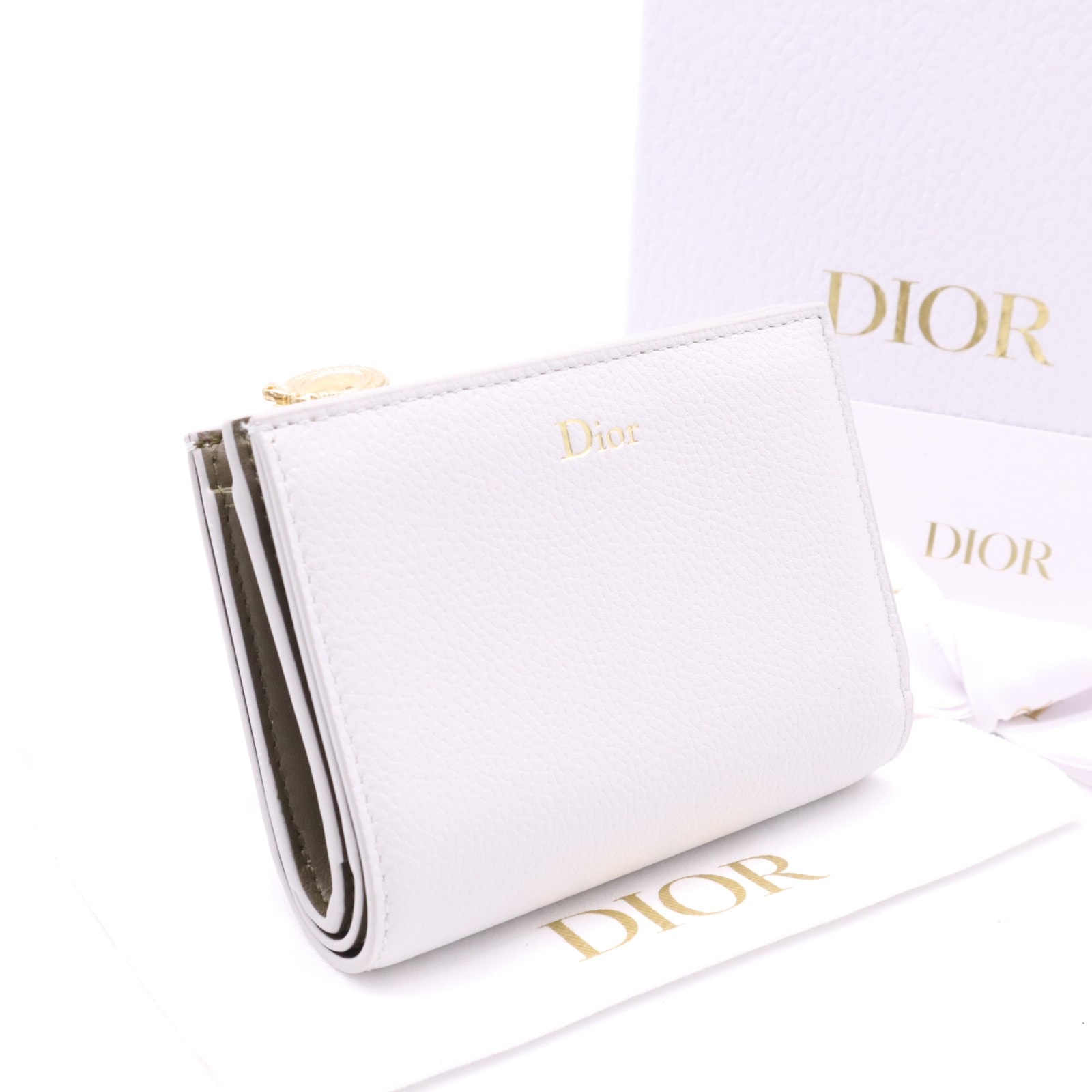 未使用 Dior ディオール Dior Médaillon Begonia ウォレット S2218QGME 二つ折り財布 グレー グレインカーフレザー レディース