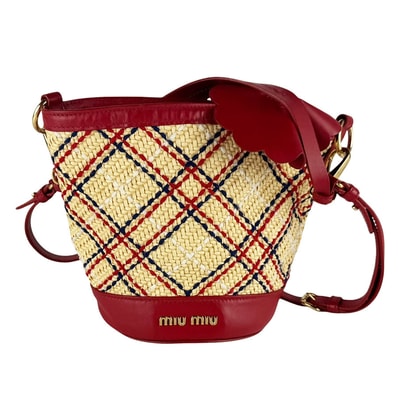 ミュウミュウ MIUMIU ショルダーバッグ ハンドバッグ ラフィア/レザー レッド/ナチュラル レディース【中古】 z10432