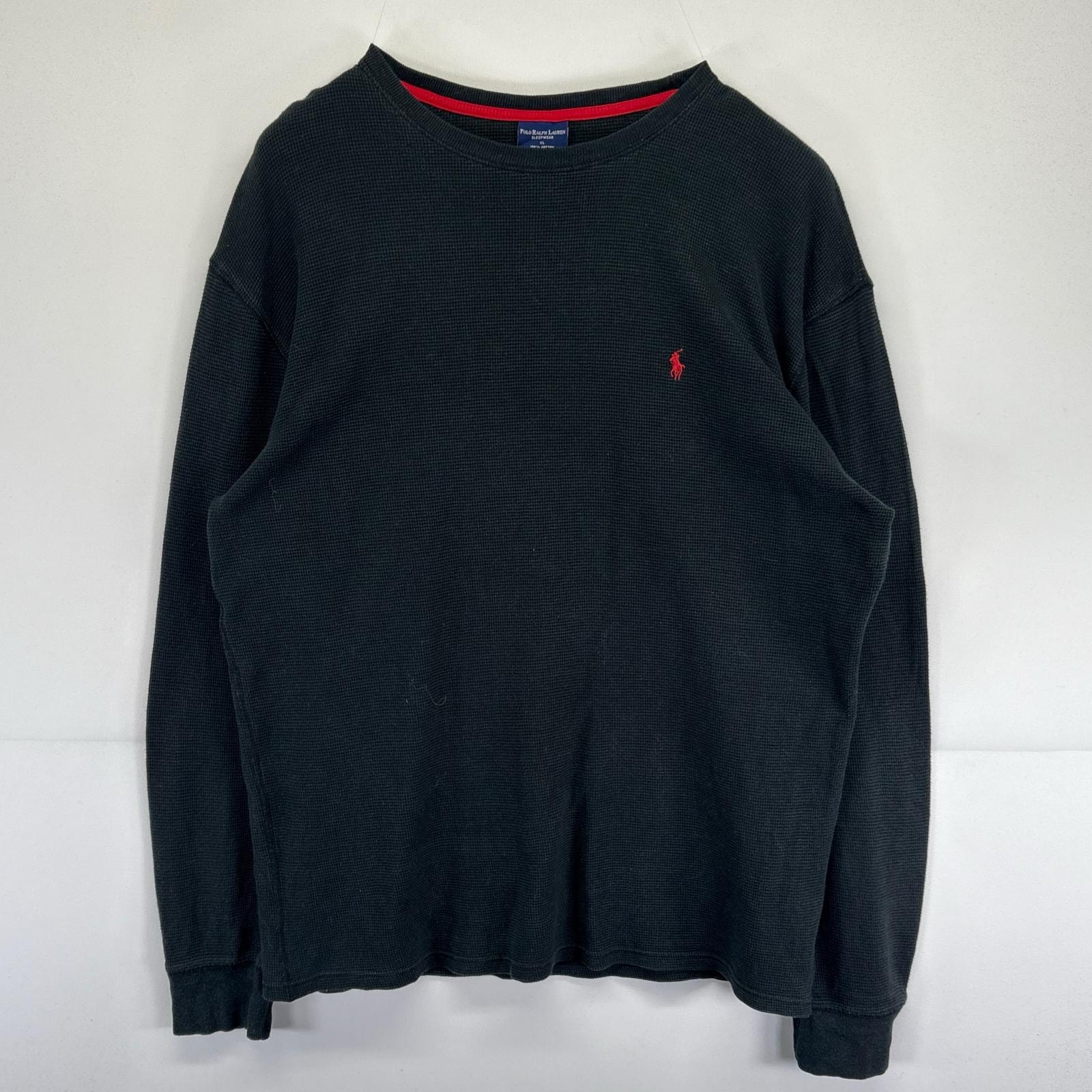 古着 ポロ・ラルフローレン POLO RALPH LAUREN 長袖Tシャツ クルーネック ワッフル生地 サーマル ワンポイントロゴ刺繍 XL  ブラック メンズ