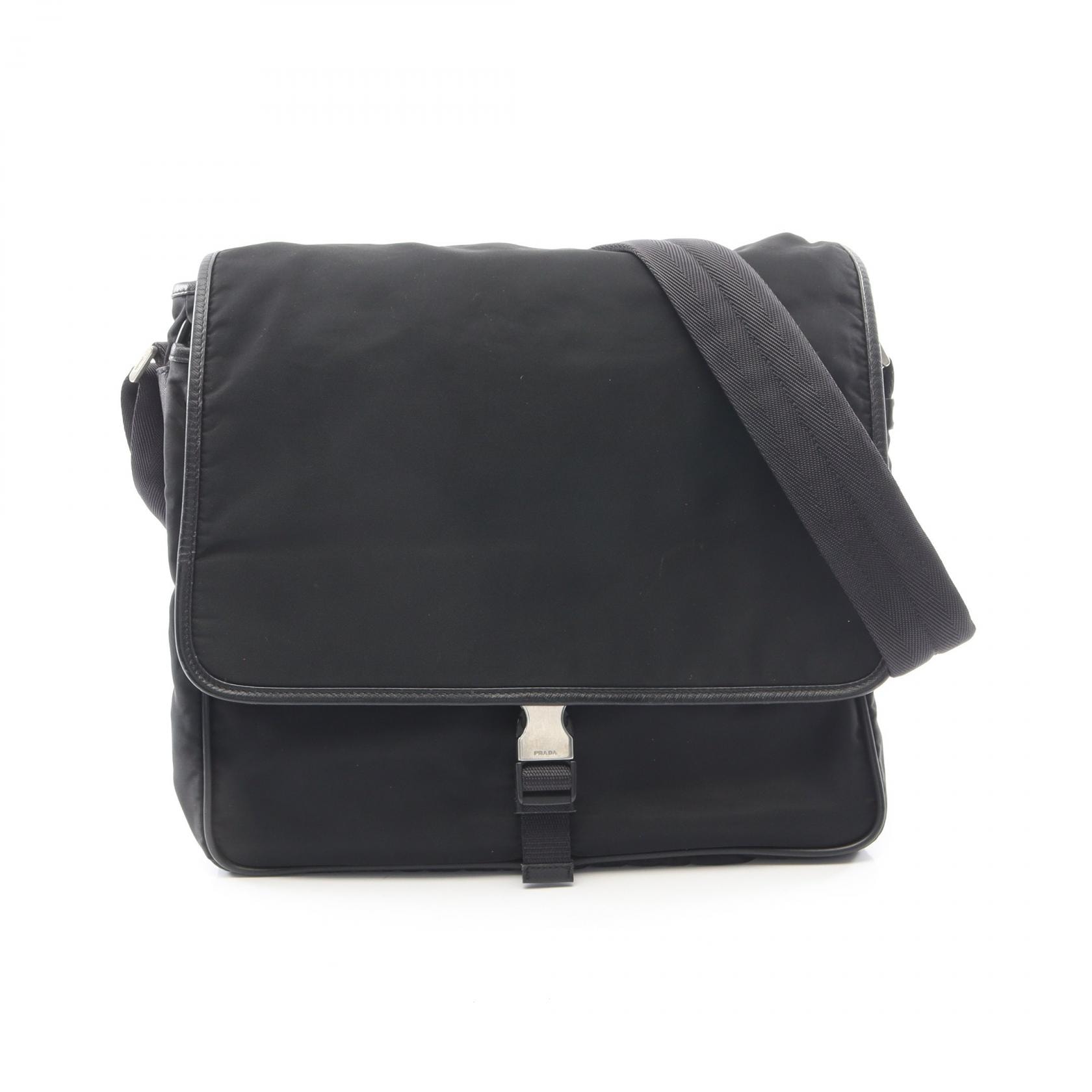 プラダ PRADA フラップ ショルダーバッグ バッグ ナイロン サフィアーノレザー メンズ レディース ブラック系 【中古】