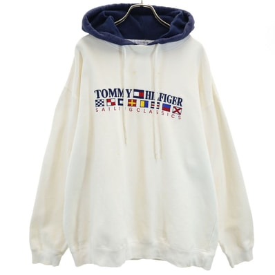 TOMMY HILFIGER トミーヒルフィガー 90s オールド フラッグタグ 長袖 スウェットパーカー M ホワイト系 裏起毛
