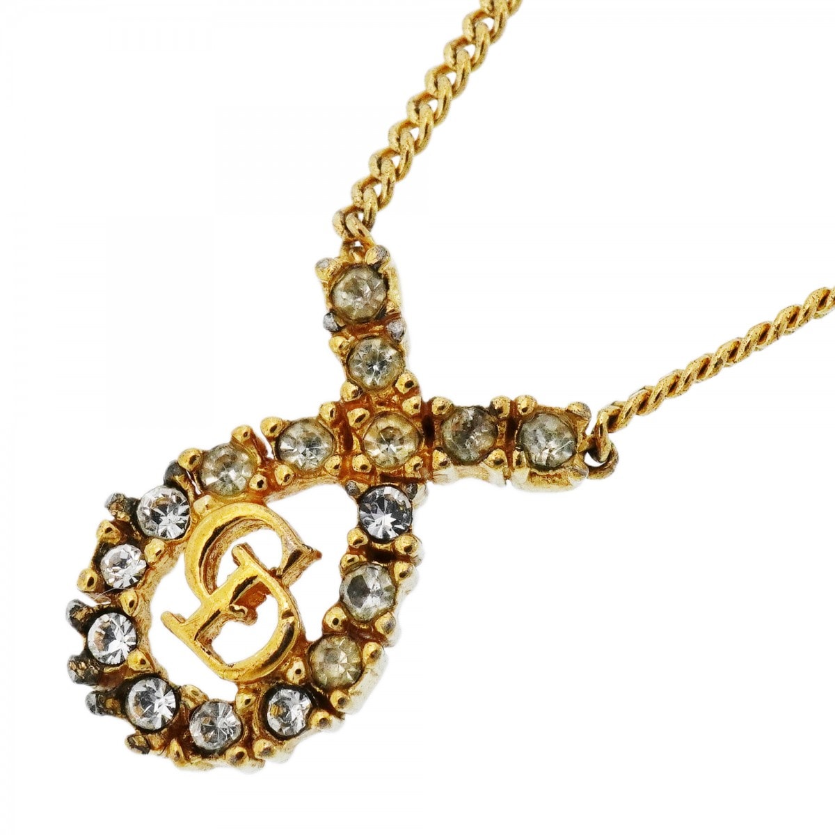 【6jdb0481-k】クリスチャンディオール ネックレス CDロゴ GPメッキ ラインストーン ゴールド【中古】レディース