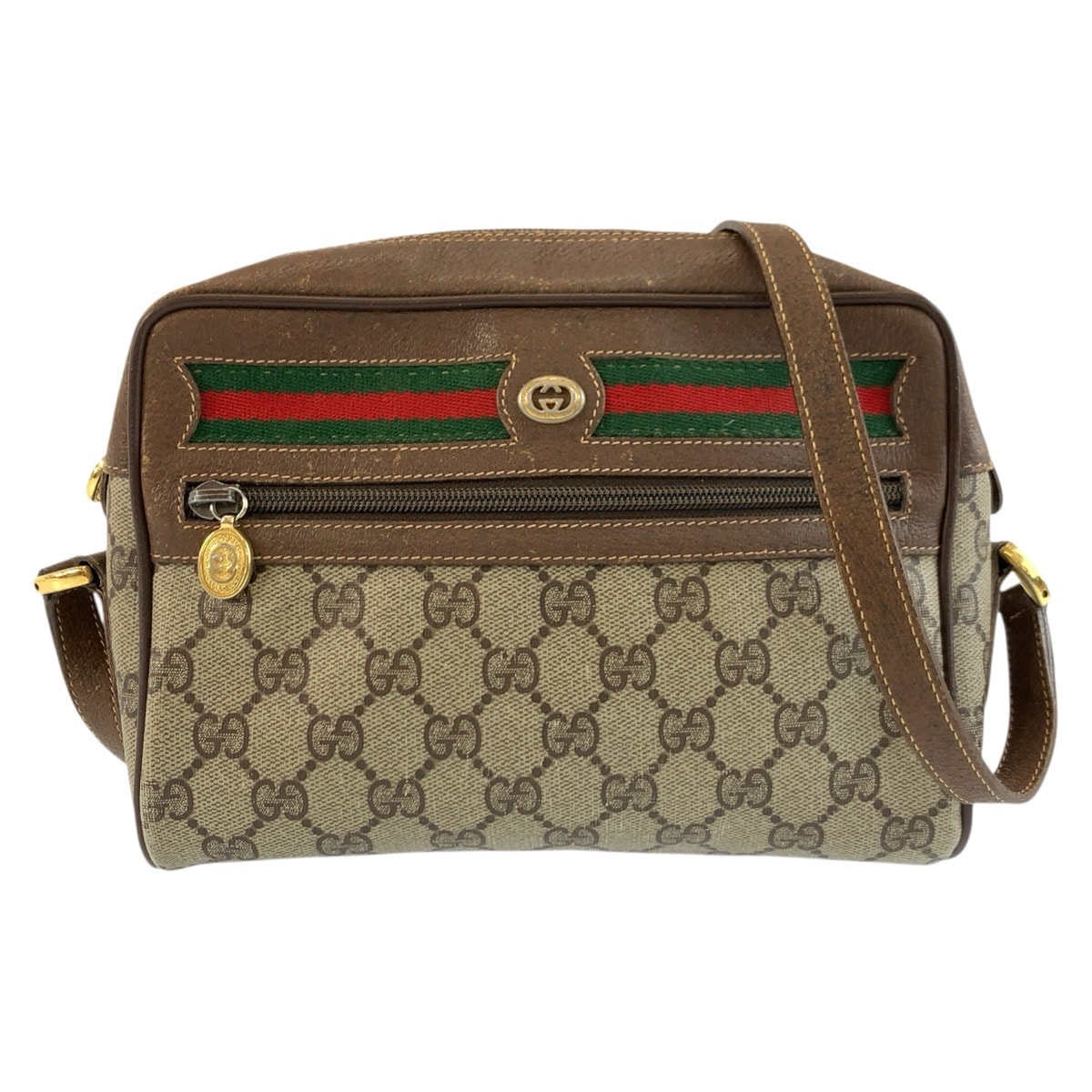 GUCCI グッチ ヴィンテージ シェリーライン ブラウン ベージュ ゴールド金具 GGスプリームキャンバス レザー/ ショルダーバッグ ポシェット 604282 【中古】