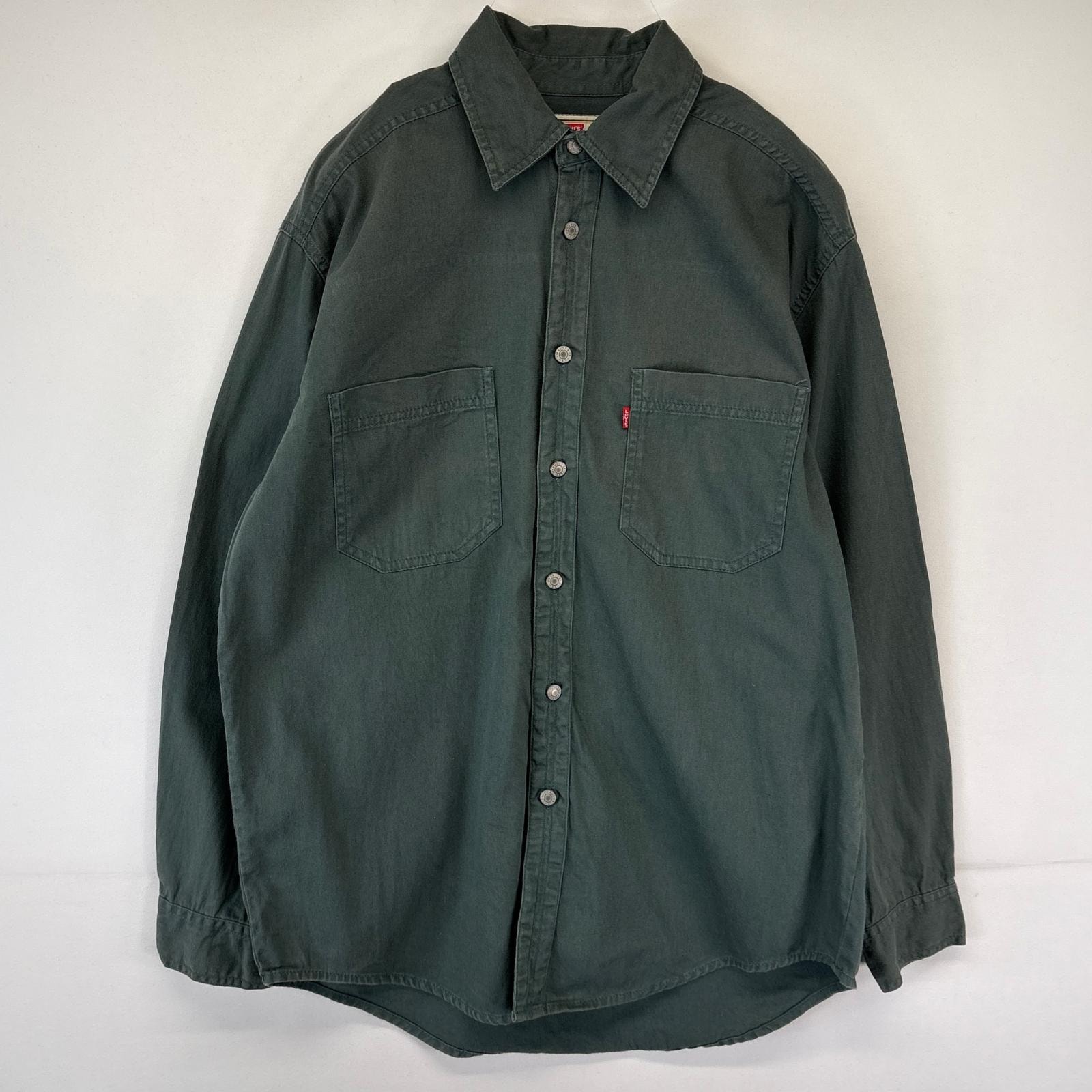 古着 リーバイス Levi's 長袖シャツ メタルボタン 無地 胸ポケット ワンポイントロゴ M  グリーン系 メンズ