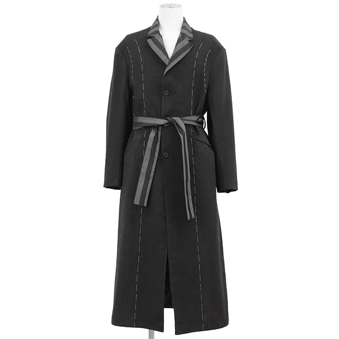 Maison Margiela メゾンマルジェラ ロングコート サイズ 46 メンズ リバーシブル ヘリンボーン × ストライプ ベルテッド アウター チャコールグレー ネイビー系 灰色 紺 イタリア製 S50AA0120 S99001