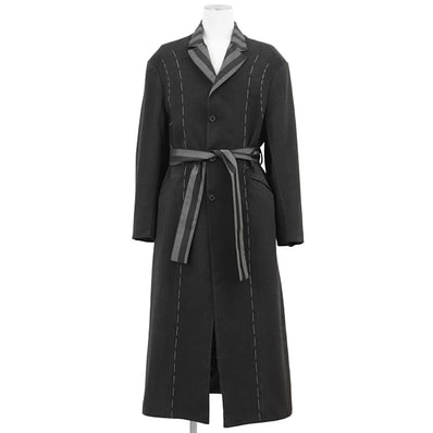 Maison Margiela メゾンマルジェラ ロングコート サイズ 46 メンズ リバーシブル ヘリンボーン × ストライプ ベルテッド アウター チャコールグレー ネイビー系 灰色 紺 イタリア製 S50AA0120 S99001