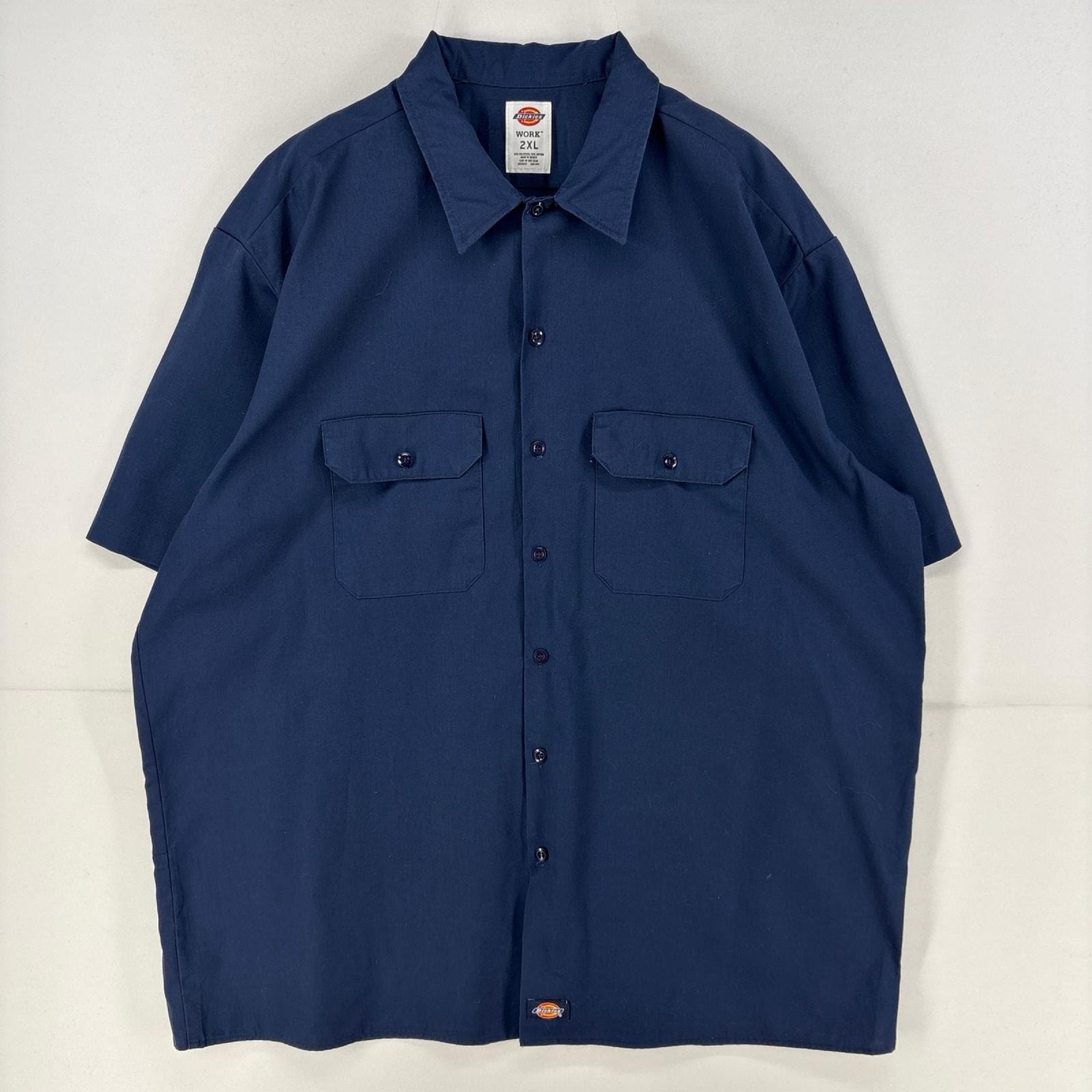 古着 ディッキーズ Dickies 半袖シャツ ワーク ワンポイント ロゴ 胸ポケット 大きいサイズ 無地 2XL  ネイビー メンズ
