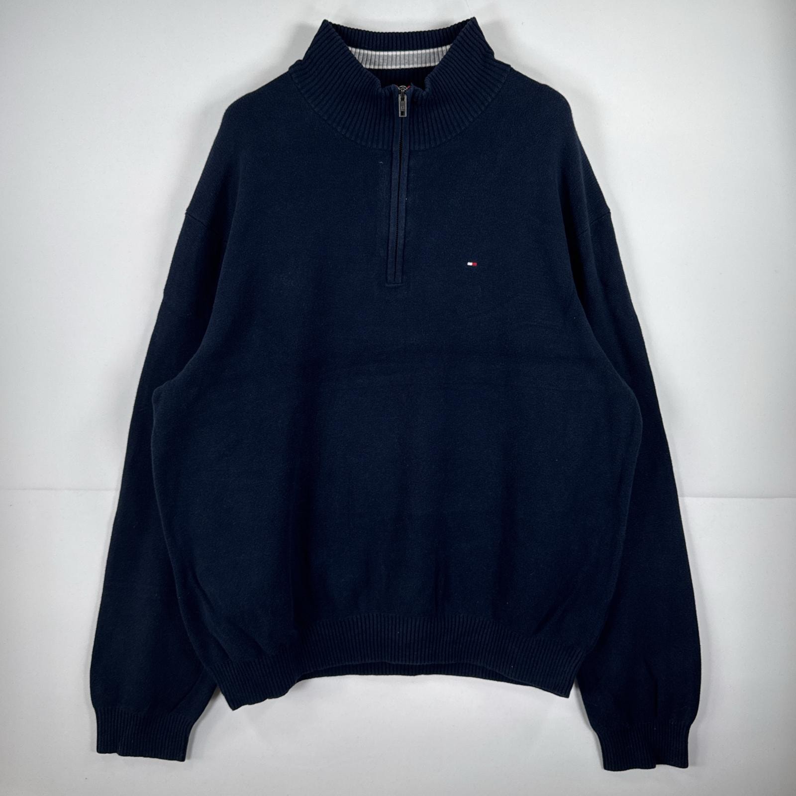 古着 トミーヒルフィガー TOMMY HILFIGER 長袖 ニット ハーフジップ ワンポイント セーター 大きいサイズ 14041  ネイビー 無地 メンズ