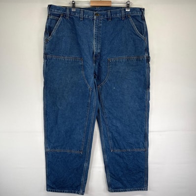 古着 カーハート Carhartt デニム パンツ ワンポイントロゴ ハンマーループ ダブルニー 大きいサイズ ジップフライ ブルー系 メンズ