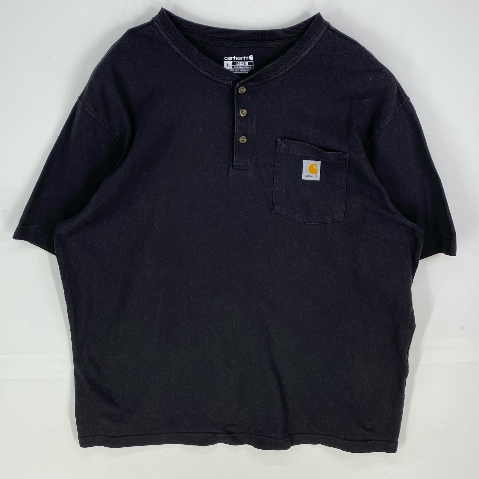 古着 カーハート Carhartt 半袖Tシャツ ヘンリーネック ワンポイント 胸ポケット ショートスリーブ XL ブラック系 メンズ