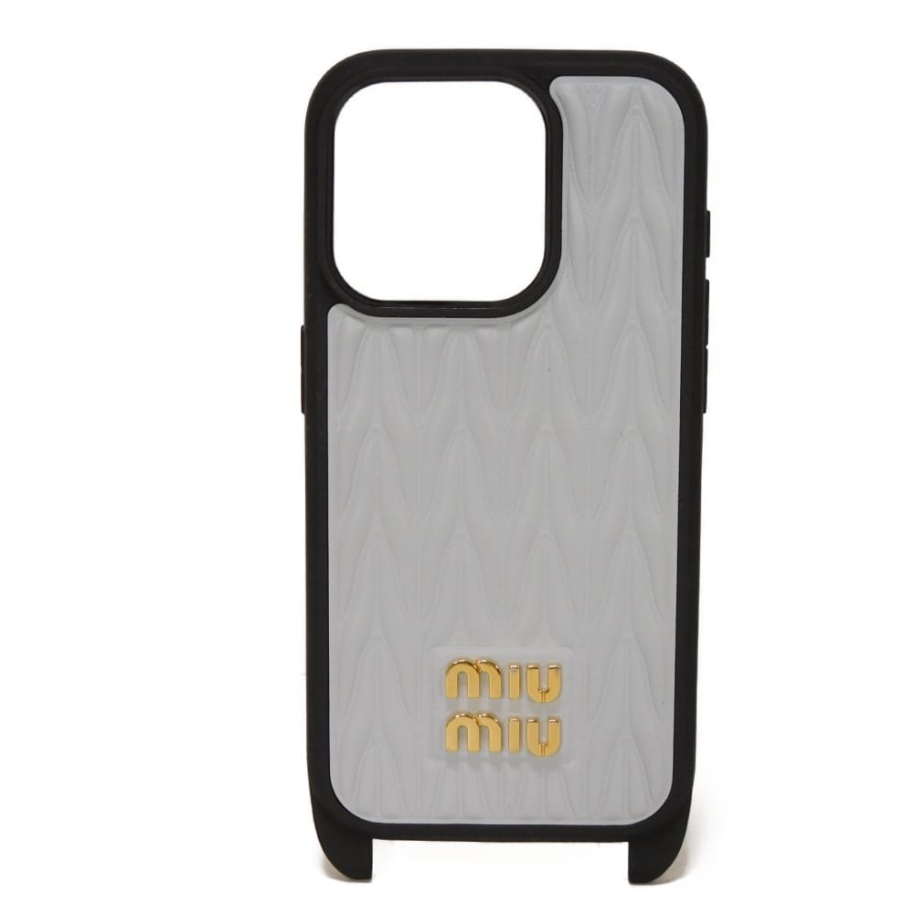 MIUMIU ミュウミュウ マテラッセ iPhone 15 Pro ケース ナッパ パステルブルー ストラップ ロゴ メタル フィオルダリーゾ スマホケース 5ZH185 2FPP F0591