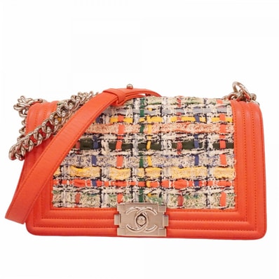 【6dd4634-k】シャネル ショルダーバッグ ボーイシャネル チェーンショルダー ツイード オレンジ シルバー金具【中古】レディース