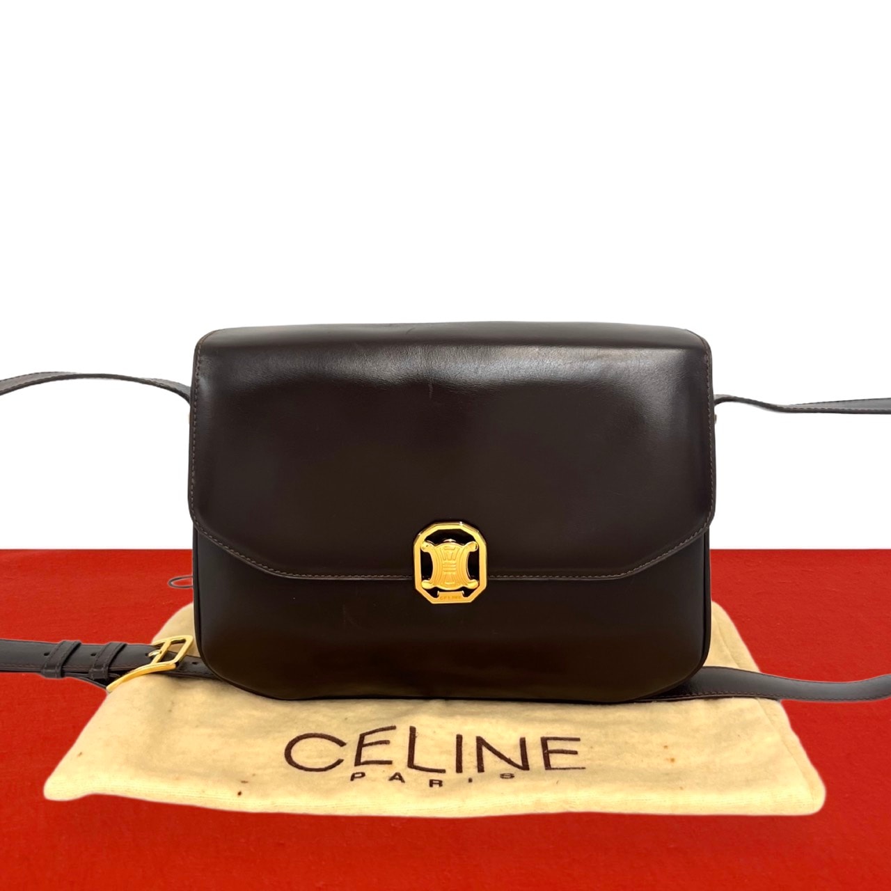 CELINE セリーヌ ブラゾン 金具 レザー ショルダーバッグ ブラウン
 977-7